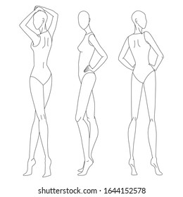 Technical drawing of woman's figure. Vector thin line girl model template for fashion sketching. Woman's body poses. The position of the hand at the waist and walking on runway. Separate layers.
