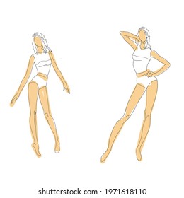 Technical drawing of woman's figure. Vector thin line girl model template for fashion sketching. Woman's body poses. The position of the hand at the waist and walking on runway.