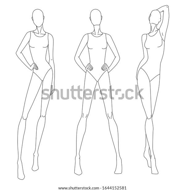 女性の姿の技術的な描画 ファッションスケッチ用のベクター細線少女モデルテンプレート 女性の体のポーズ 腰の位置と滑走路上を歩く位置 個別の画層 のベクター画像素材 ロイヤリティフリー