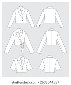 technical drawing of women fashion short jackets with long and short sleeves front and back view mockup template