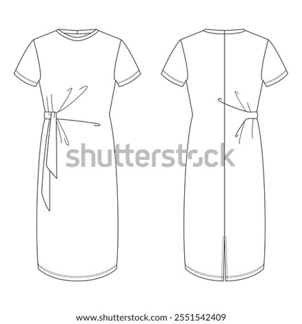 Technical drawing of a women's belted tunic dress, showcasing front and back views with a side tie detail. Suitable for casual or business casual wear.