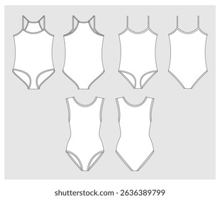 technical drawing of women's bodysuits of different cuts front and back view mockup template