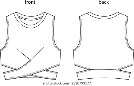 technical drawing of women's crop top with crew neck front diagonal hem, crop top cad