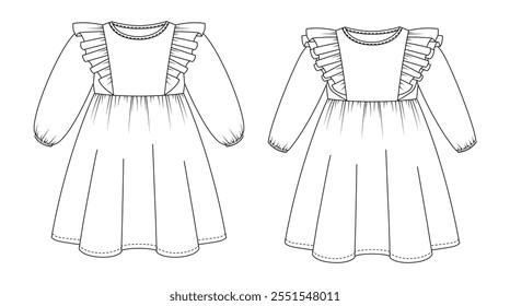 Technical drawing of a women's dress with ruffle sleeves, a cinched waist, and a pleated skirt, designed for casual or semi-formal wear.