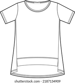 Technical drawing of womens fashion. Shorter hem at the front and longer at the back