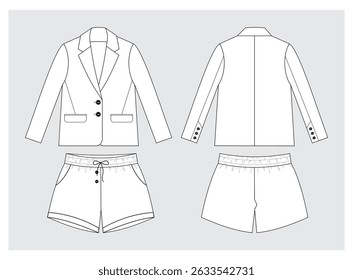 
technical drawing of women's jacket and shorts set front and back view mockup template