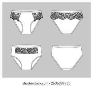 technical drawing of women's panties of different cuts with guipure front and back view mockup template