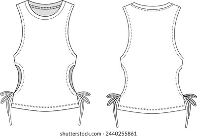 Technical drawing of women's sleeveless lace-up jersey top with low-cut sides, in white, front and back view