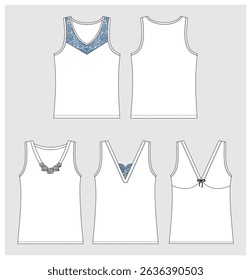 
technical drawing of women's T-shirts of different cuts with and without guipure underwear front and back view mockup template
