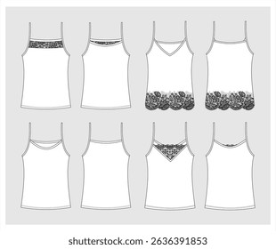 technical drawing of women's T-shirts of different cuts with and without guipure underwear front and back view mockup template