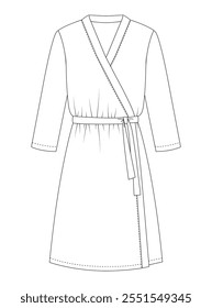 Technical drawing of a women's wrap dress with V-neck, long sleeves, and tie waist, designed for versatile and comfortable wear.