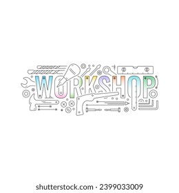 technical drawing workshop word. technical drawing workshop and workshop symbols. outline color workshop concept
