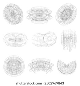 Technical drawings of abstract parts and shapes. Vector industrial and engineering background, future technical plan. Perspective blueprint of mechanism, mechanical scheme. Tech noise in a thin line