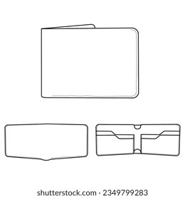 Technical drawings of bifold leather wallet card case open outline vector in front and back view, Isolated on white background. Template vector illustration for your leather bifold wallet design mod 2