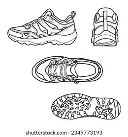 Technical drawings hiking  boots  sneakers shoes in top  side back   bottom views  Isolated white background  Template vector illustration for your shoes design  editable color 