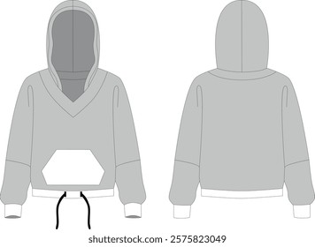 Technical drawings of the hoodie: front and back views, kangaroo pocket. Ideal for casual or sportswear.