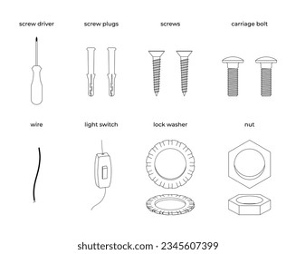 Technical Drawings for Installation Manuals Including Screw Driver, Wire, Screw Plugs, Screws, Light Switch, Lock Washer, Carriage Bolt, and Nut