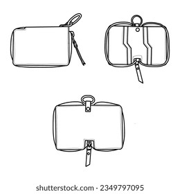 Dibujos técnicos del vector de contorno abierto del estuche de la cartera de llaves de cuero frente y retrovisor, aislado en fondo blanco. Ilustración vectorial de plantilla para el diseño de la cartera de la cadena de claves de cuero.