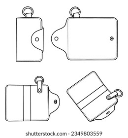 Technical drawings of Leather Keychain Wallet case open outline vector in front and back view, Isolated on white background. Template vector illustration for your Leather Keychain Wallet design mod 1