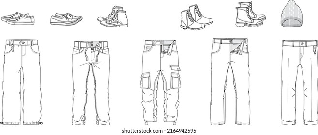 Technical drawings of mens pants and boots, sneakers, shoes and mens cold cap.