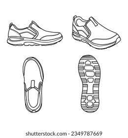 Technical drawings of mens sneaker slip on in front, back, side and top view, Isolated on white background. Casual style. Template vector illustration for your slip on shoes design, editable color.