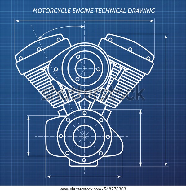 Technical drawings of motorcycle engine.\
Motor engineering concept. Vector\
illustration.