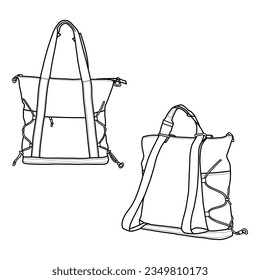 Technical drawings of tote bags outline vector in front and back view, Isolated on white background. Template vector illustration for your tote bags design.