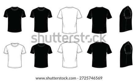 Technical drawings of t-shirts in various colors and perspectives including front back and side views for apparel design mockups.