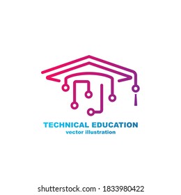 Technical education logo. Graduate cap and processor circuit. Electronic training. Simple line colored sign. Vector illustration flat design. Isolated on white background.