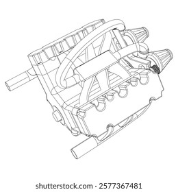 Technical Engine Drawings. Internal Combustion, Electric Motor, Motorcycle, and Rocket for High-Tech Concepts