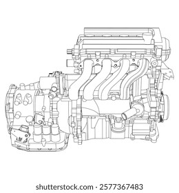 Technical Engine Drawings. Internal Combustion, Electric Motor, Motorcycle, and Rocket for High-Tech Concepts