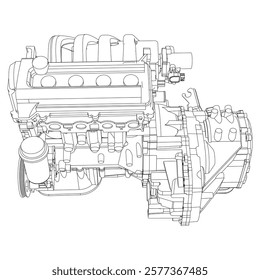 Technical Engine Drawings. Internal Combustion, Electric Motor, Motorcycle, and Rocket for High-Tech Concepts