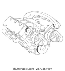 Technical Engine Drawings. Internal Combustion, Electric Motor, Motorcycle, and Rocket for High-Tech Concepts