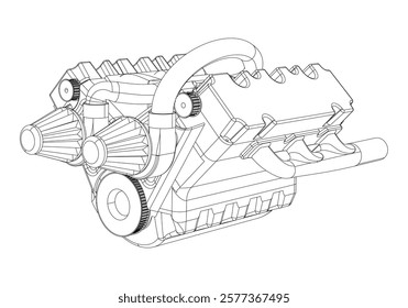 Technical Engine Drawings. Internal Combustion, Electric Motor, Motorcycle, and Rocket for High-Tech Concepts