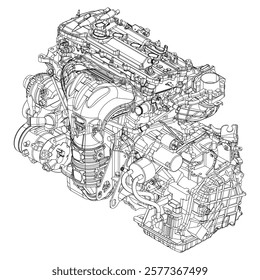 Technical Engine Drawings. Internal Combustion, Electric Motor, Motorcycle, and Rocket for High-Tech Concepts