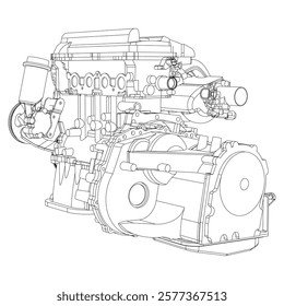 Technical Engine Drawings. Internal Combustion, Electric Motor, Motorcycle, and Rocket for High-Tech Concepts