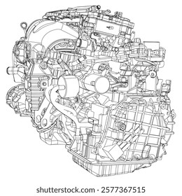 Technical Engine Drawings. Internal Combustion, Electric Motor, Motorcycle, and Rocket for High-Tech Concepts