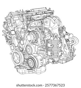 Technical Engine Drawings. Internal Combustion, Electric Motor, Motorcycle, and Rocket for High-Tech Concepts