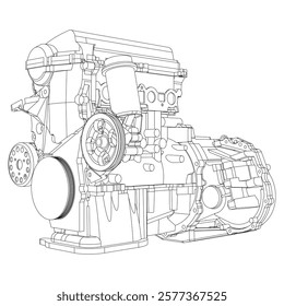 Technical Engine Drawings. Internal Combustion, Electric Motor, Motorcycle, and Rocket for High-Tech Concepts