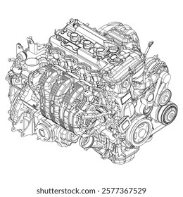 Technical Engine Drawings. Internal Combustion, Electric Motor, Motorcycle, and Rocket for High-Tech Concepts