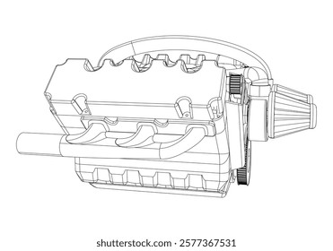 Technical Engine Drawings. Internal Combustion, Electric Motor, Motorcycle, and Rocket for High-Tech Concepts