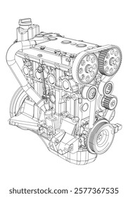 Technical Engine Drawings. Internal Combustion, Electric Motor, Motorcycle, and Rocket for High-Tech Concepts