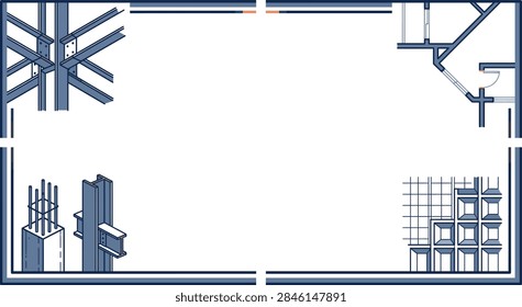 A technical engineering blueprint frame featuring structural steel components, building schematics, and construction details with a blank center area.