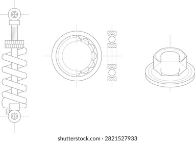 A technical engineering drawing set showing a coil-over shock absorber, ball bearing cross-section, and hex nut in isometric view, illustrating mechanical component design and assembly detail. Ideal for automotive engineering, manufacturing documentation, and industrial design use.