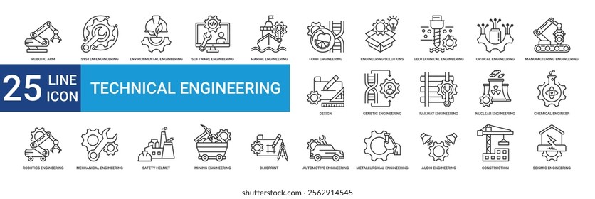 Technical engineering icon collection set with robotic arm, system, environmental, software, manufacturing