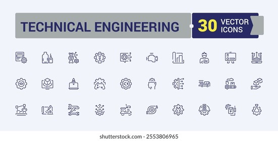 Technical Engineering icon pack. Includes icons for structure, work, isolated, engineers, sign, engineer, prototyping and more. Pixel perfect. Vector illustration in modern line style.
