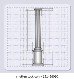 technical engineering line scale paper grid background with abstract column in pillar form. vector illustration