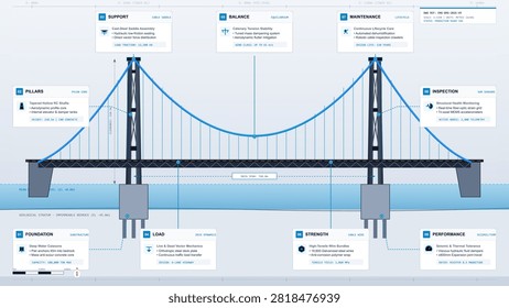 Technical engineering schematic diagram showing suspension bridge structural components with components through labeled