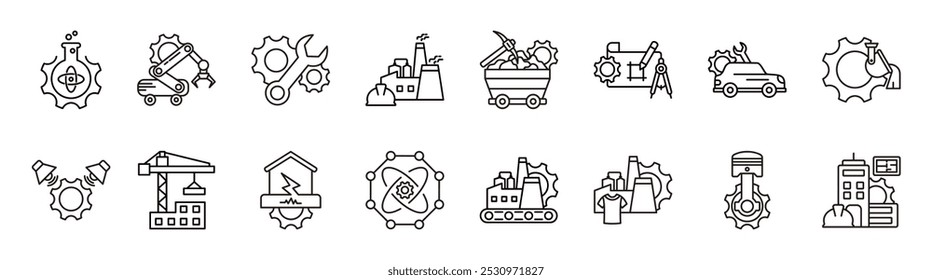 Conjunto de ícones de linha fina de Engenharia Técnica. Contendo engenharia química, engenharia robótica, engenharia mecânica, capacete de segurança, engenharia de mineração