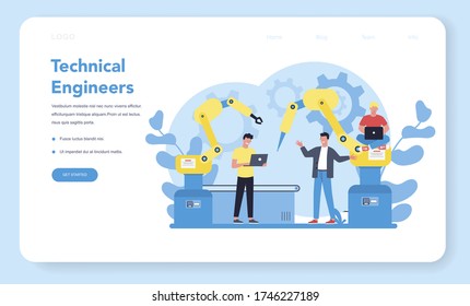 Technical engineering web banner or landing page concept. Technology and science. Professional occupation to design and build machines. Architecture work or designer. Isolated flat vector illustration